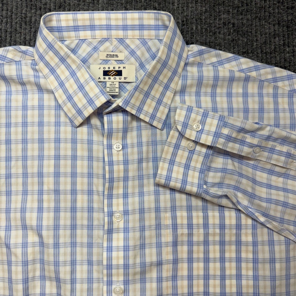 Joseph Abboud Mens 18 36/37 Tall Blue Tan Plaid Non-Iron Classic Fit Dress Shirt
